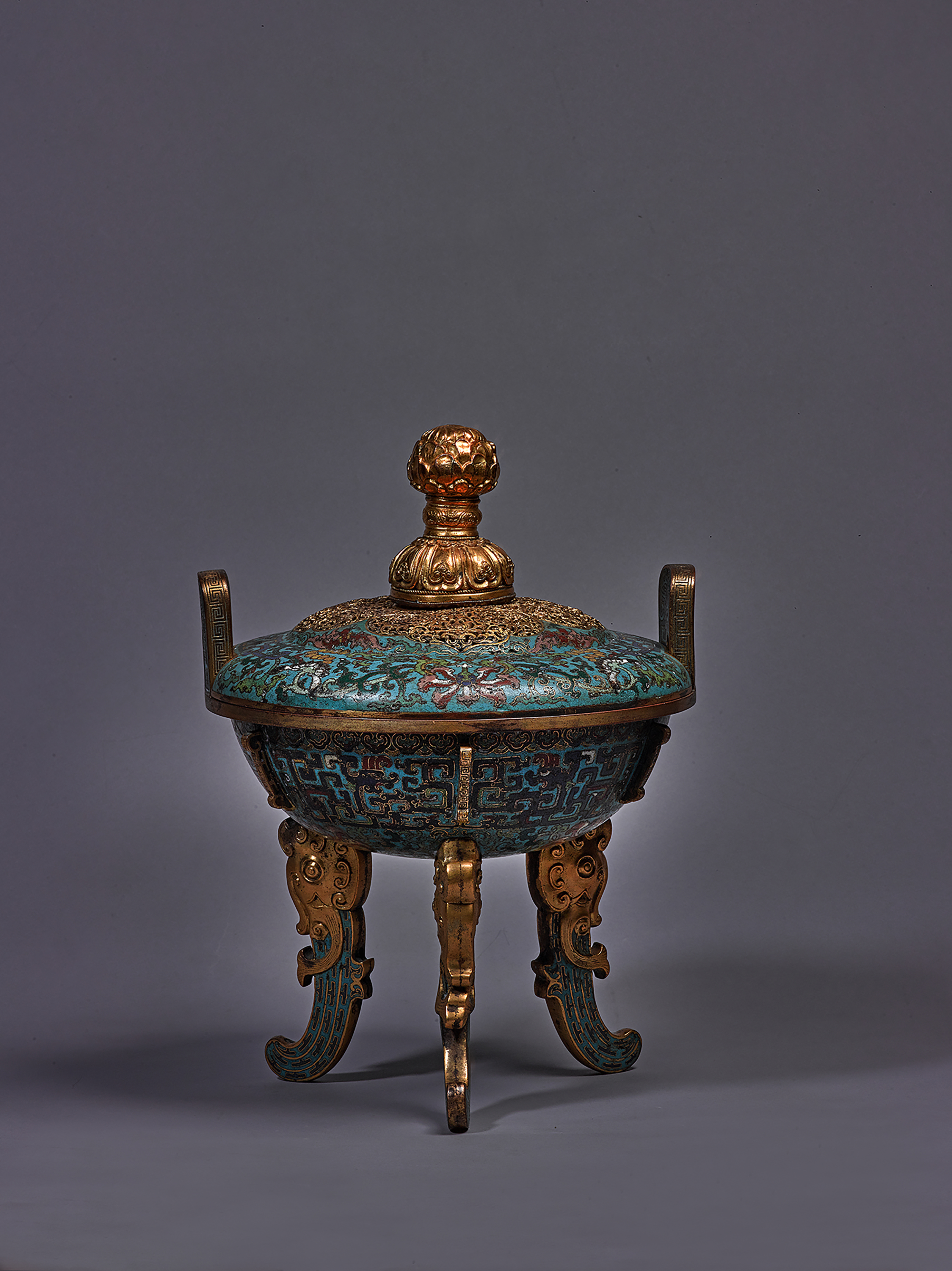 蔵出/大正期金工師匠造/宣徳唐銅素文鬼面双耳三